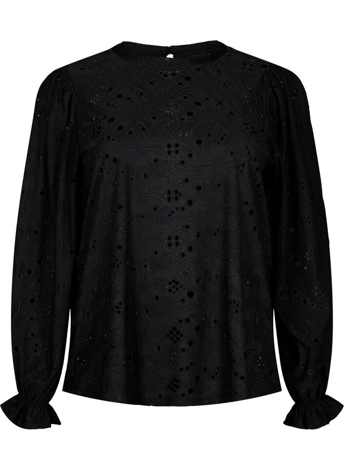 Långärmad blus med hålmönster, Black, Packshot image number 0