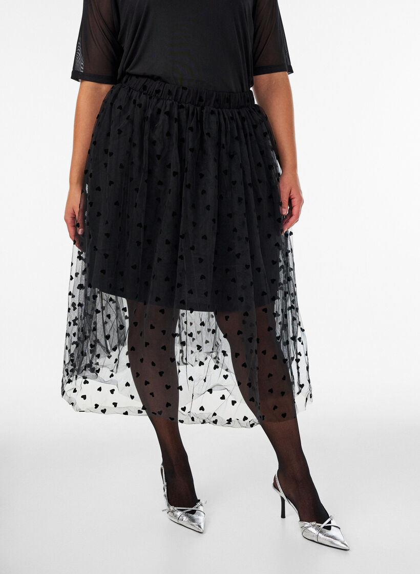 Midikjol i tyll med hj&auml;rtan, Svart, Model image number 0