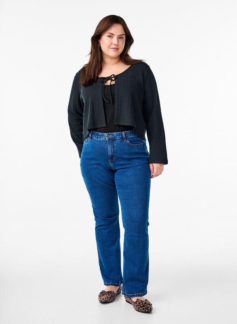 Stickad kofta med textur och knytning framtill, Svart, Model image number 1