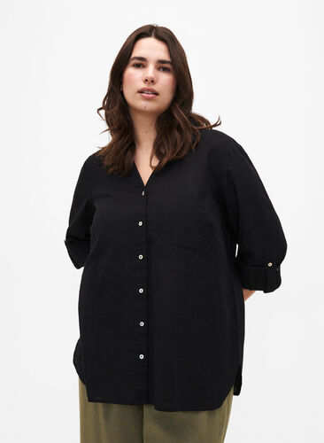 Skjortblus med knappstängning i bomulls- och linneblandning, Black, Model image number 0