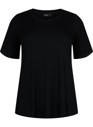 T-shirt i viskos med ribbstruktur, Black, Packshot image number 0