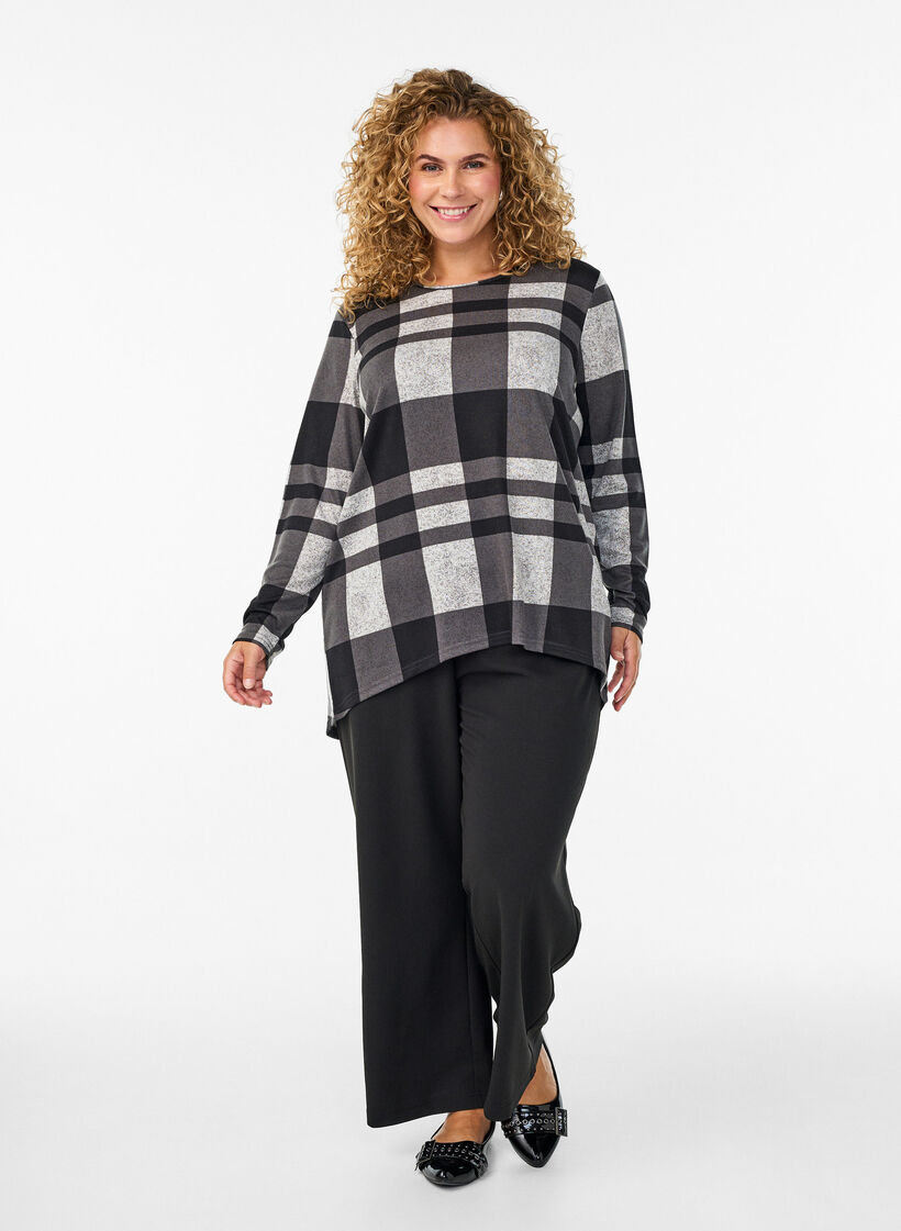 Mönstrad blus med långa ärmar, Grå, Model image number 1