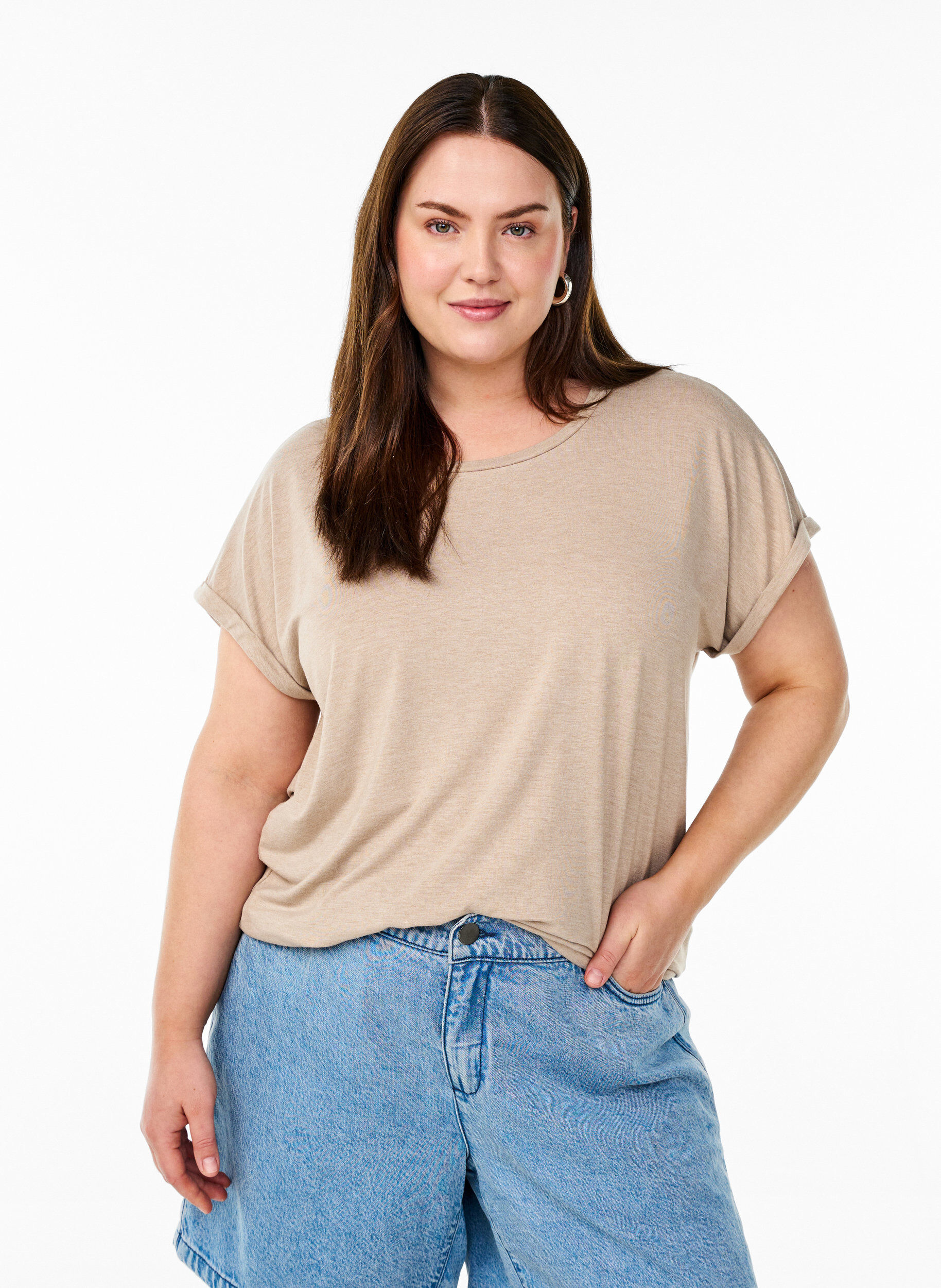 Zizzi L&ouml;s t-shirt med rund halsringning, Brun, Model image number 0