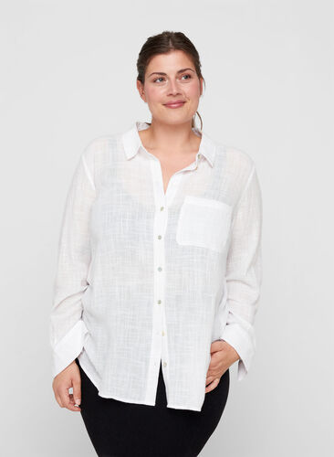 Långärmad skjorta i bomull med struktur, White, Model image number 0