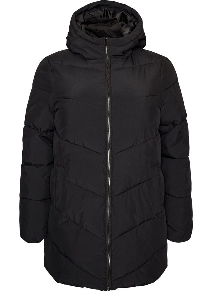 Halvl&aring;ng pufferjacka med huva, Svart, Packshot image number 0