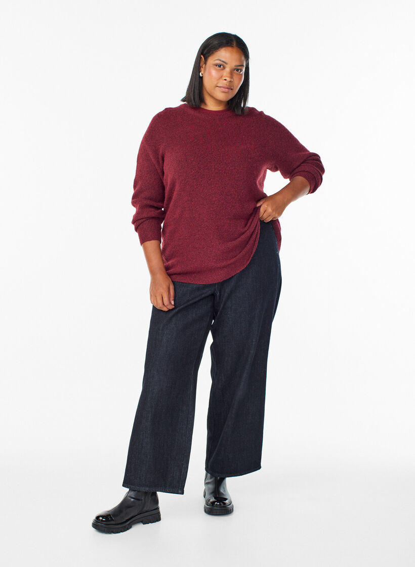 Melerad stickad blus med rund hals, Röd, Model image number 1