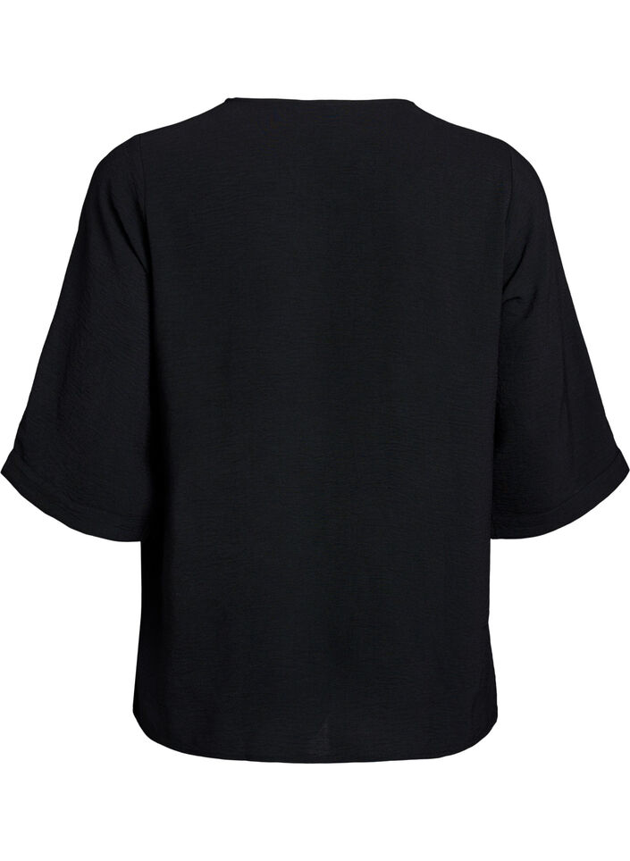 Skjortblus med v-ringning och 3/4-&auml;rm, Svart, Packshot image number 1