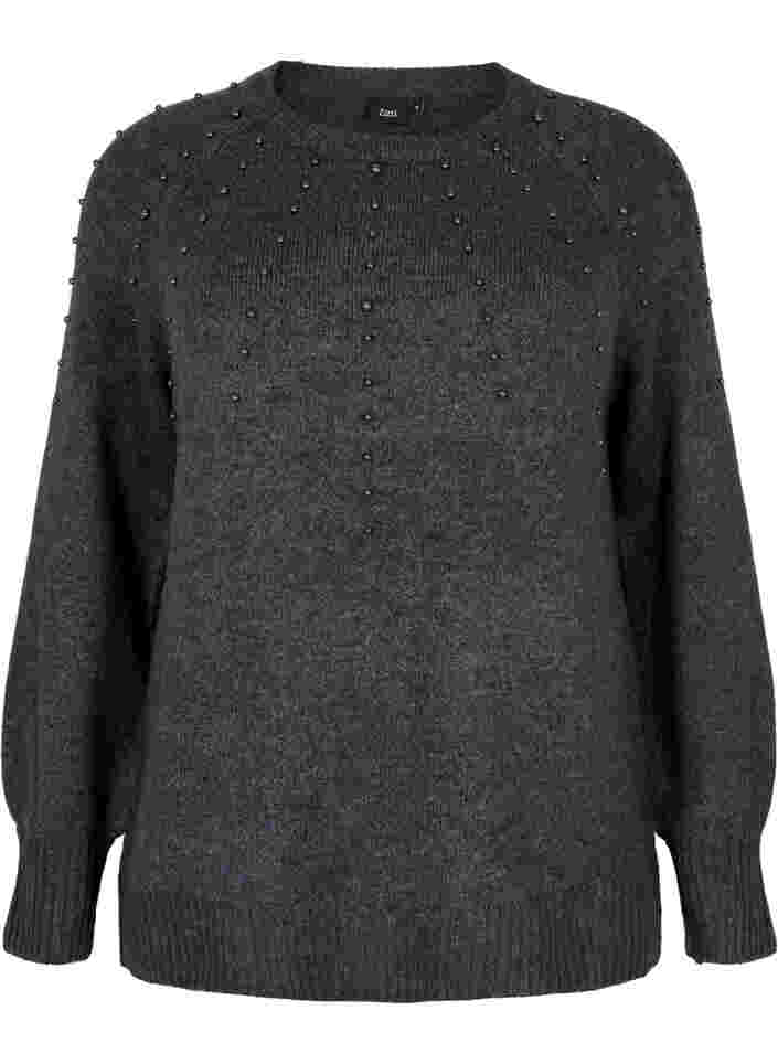 Stickad tröja med pärlor, Dark Grey Melange, Packshot image number 0