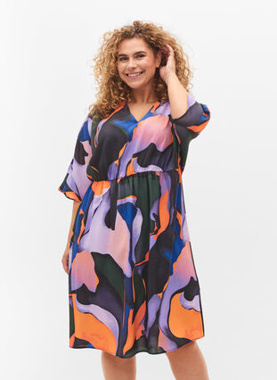 Färgglad klänning med v-ringad hals, Big Scale Print, Model image number 0