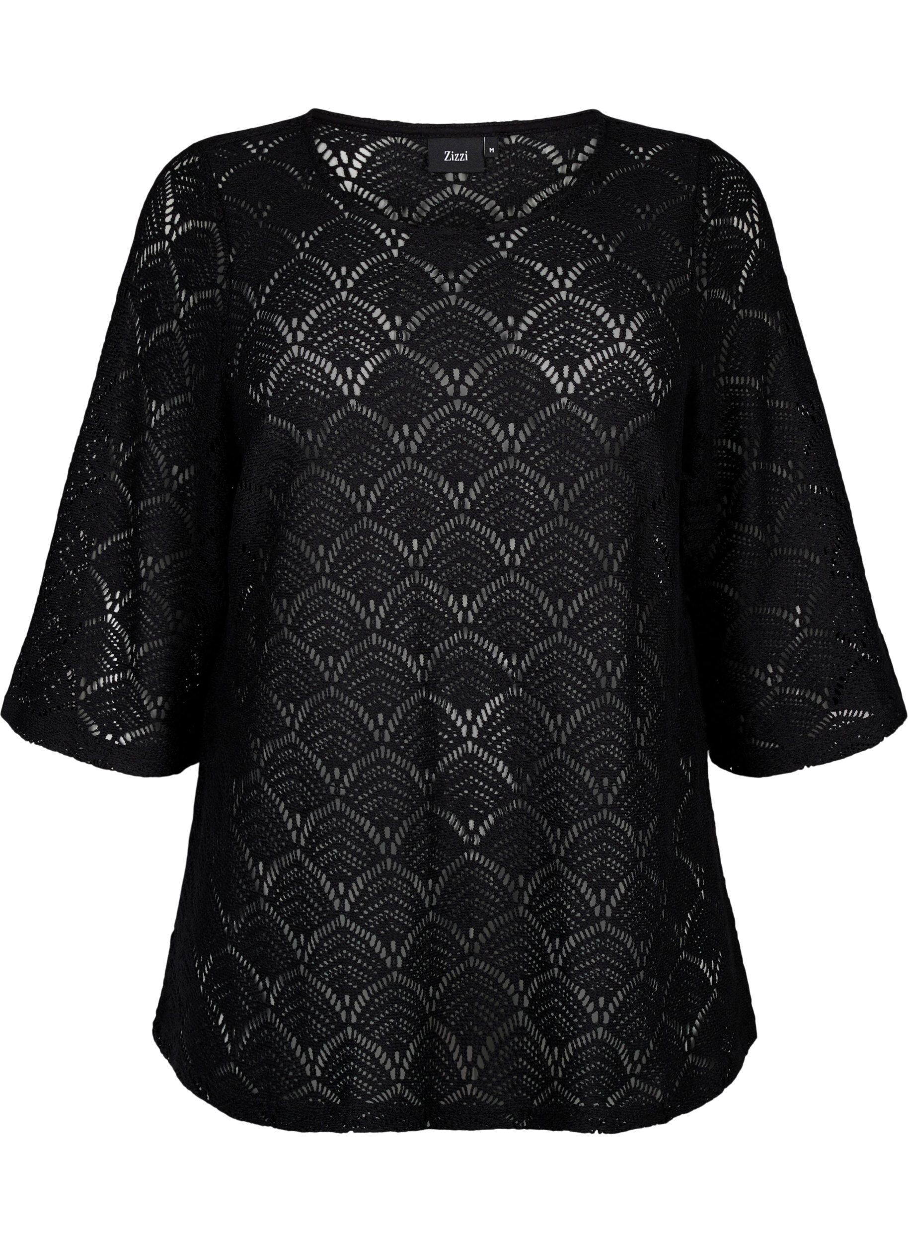Zizzi Crochet blus med 3/4 &auml;rmar, Black, Packshot image number 0