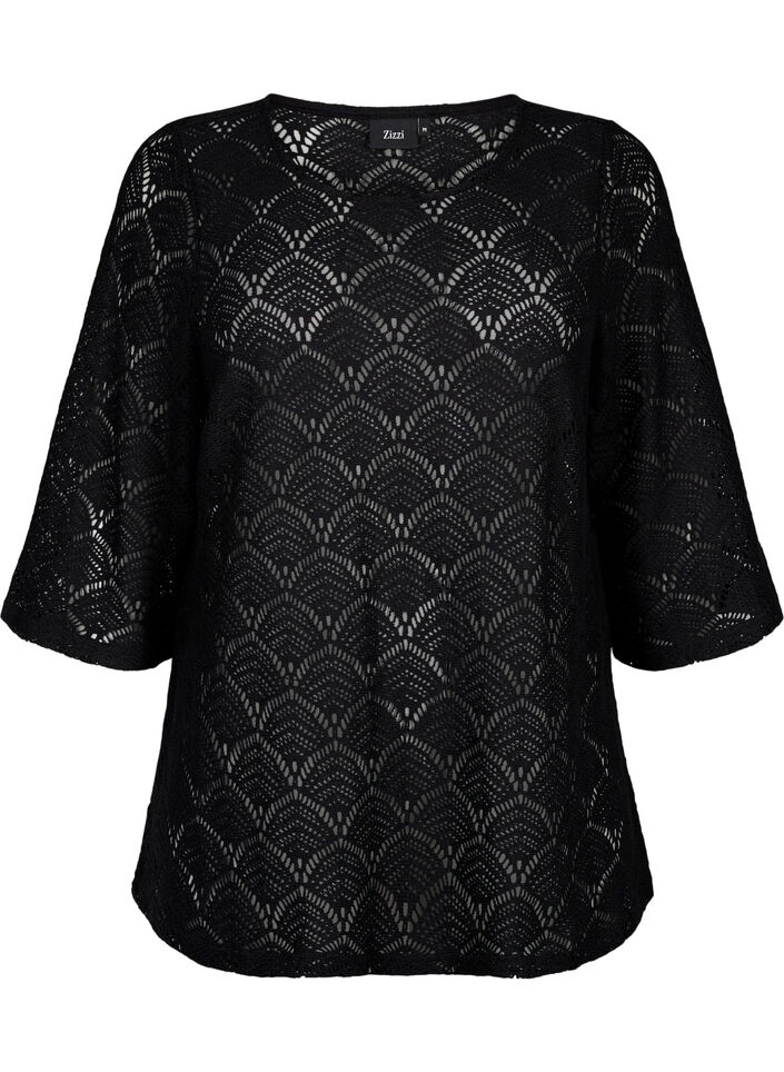 Crochet blus med 3/4 ärmar, Black, Packshot image number 0