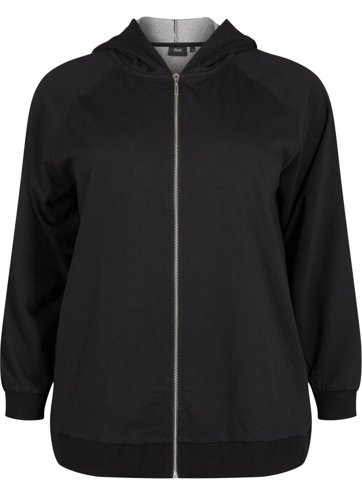 Kofta i sweatshirt material med huva och fickor, Svart, Packshot image number 0