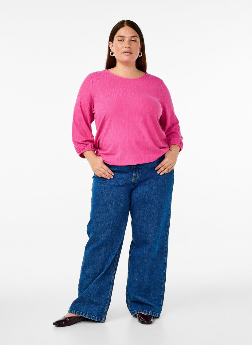 Blus med struktur och 3/4-&auml;rmar, Rosa, Model image number 1