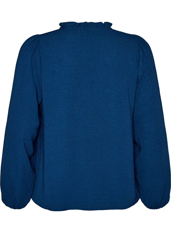 Blus med v-ringning och virkat band, Bl&aring;, Packshot image number 1