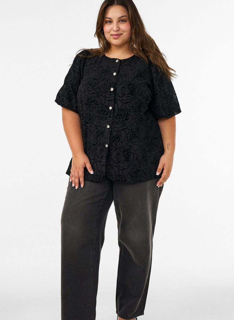 Blus med blommigt m&ouml;nster och ballong&auml;rmar, Svart, Model image number 1