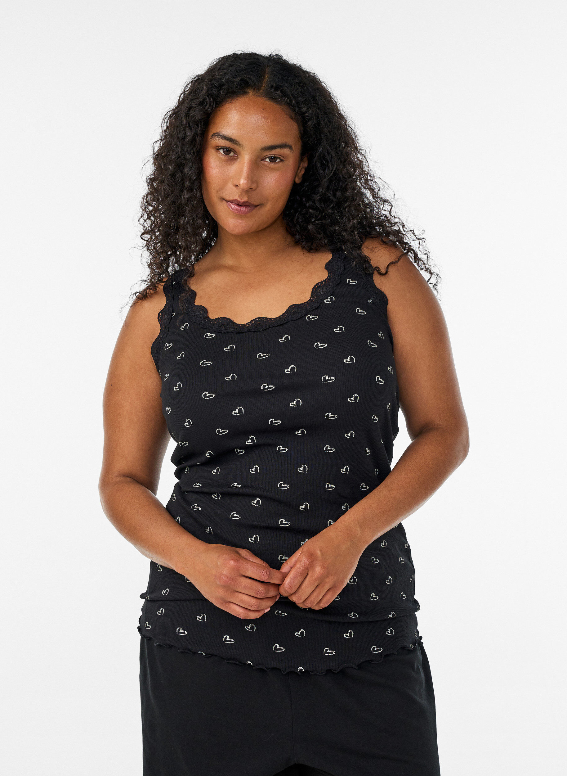 ZizziTopp med tryck och spetskant, Svart, Model image number 0