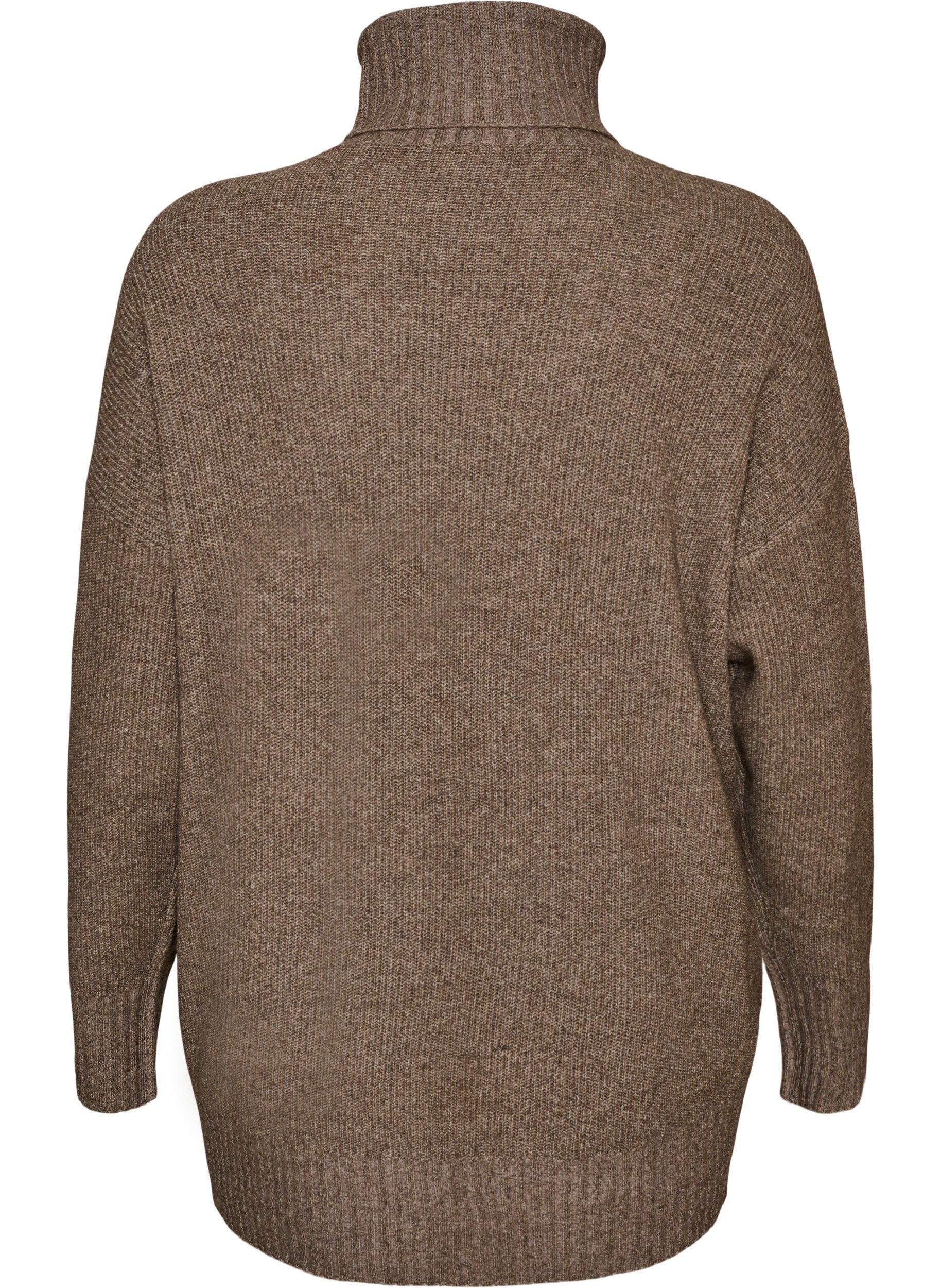 ZizziL&ouml;st stickad tr&ouml;ja med polokrage, Brun, Packshot image number 1