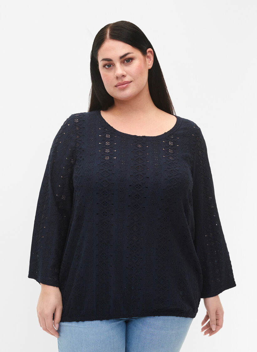 Blus med anglaise broderi och 7/8 ärmar, Navy Blazer, Model image number 0