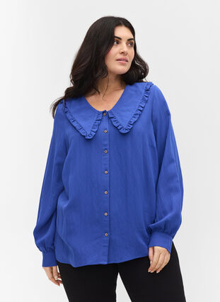 Viskosskjorta med bred krage, Dazzling Blue, Model image number 0