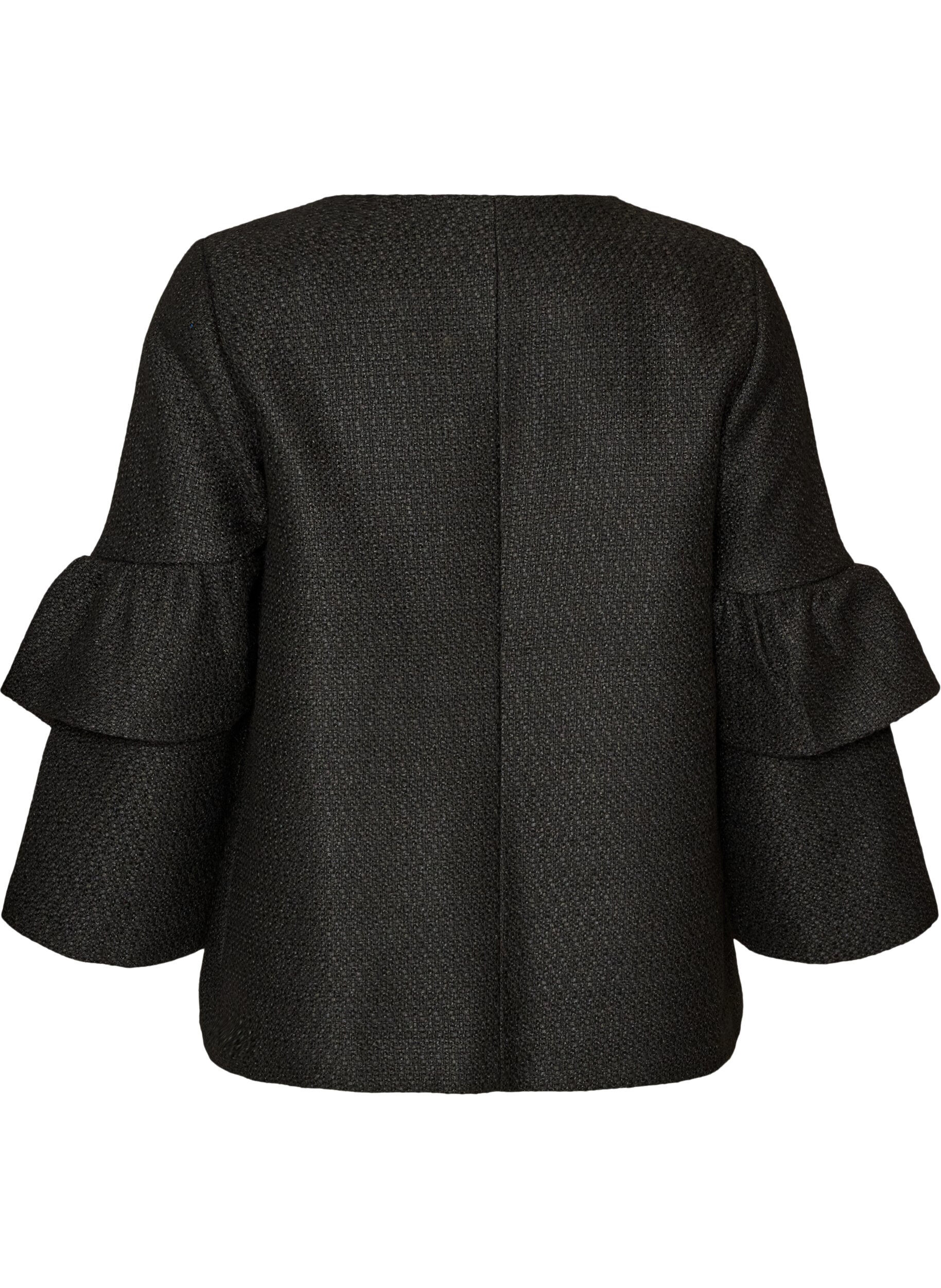 ZizziJacka i boucl&eacute; med volangdetaljer, Svart, Packshot image number 1