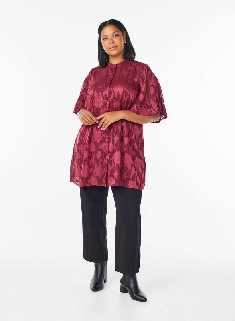 Kort a-linjeformad klänning med blommigt mönster, Mörk Bordeaux, Model image number 1