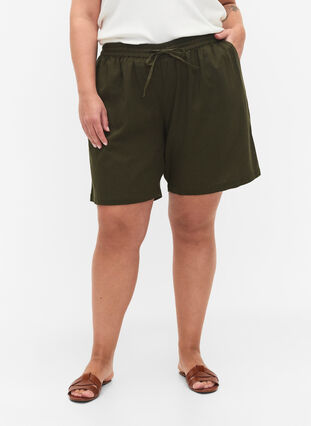 Lösa shorts i bomullsblandning med linne, Forest Night, Model image number 2