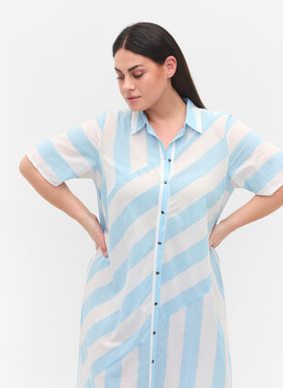 Kortärmad skjortklänning i bomull med ränder, Blue Bell Stripe, Model image number 1