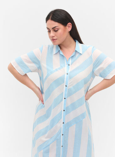 Kortärmad skjortklänning i bomull med ränder, Blue Bell Stripe, Model image number 1
