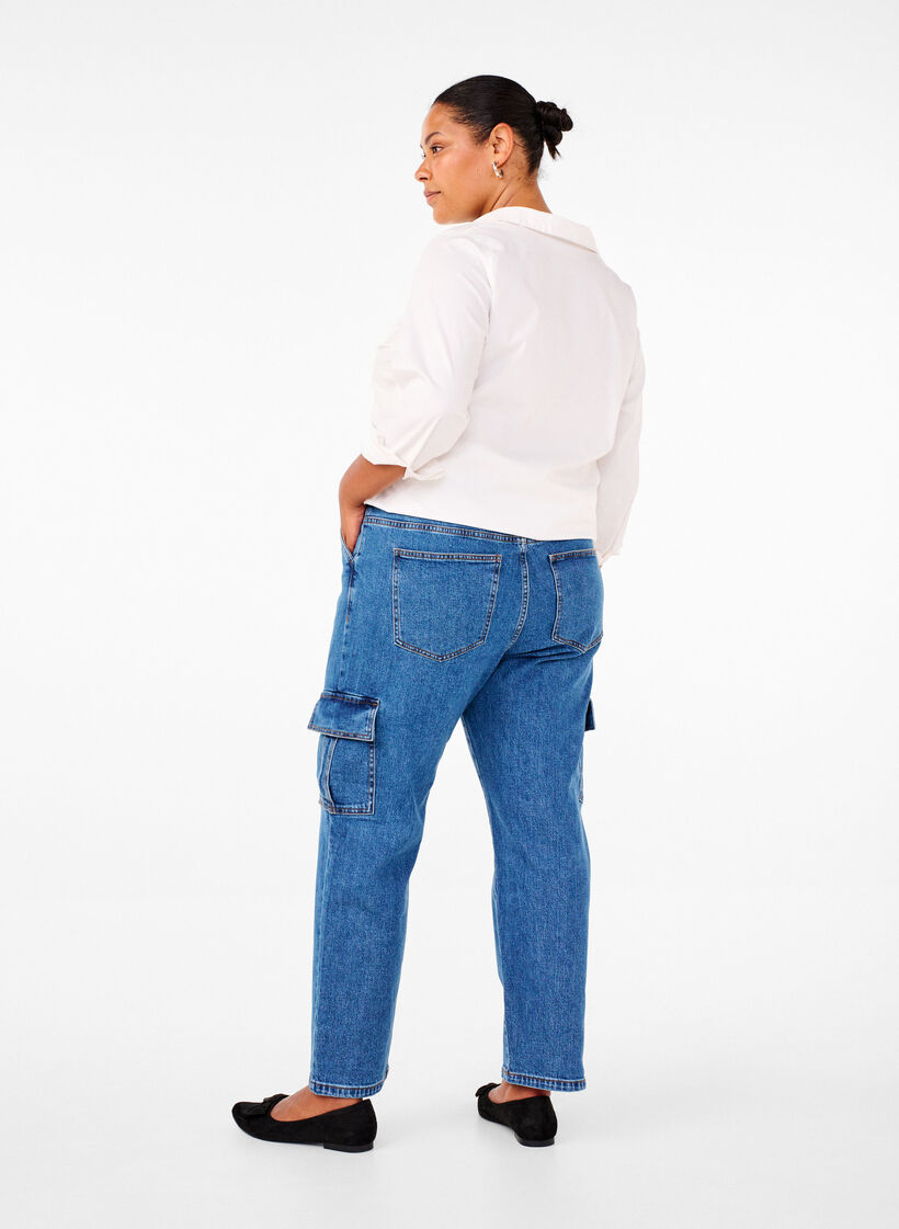 Cargojeans med hög midja, Blue Denim, Model image number 1