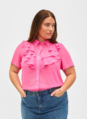 Kortärmad skjortblus med volanger, Pink Power, Model image number 0