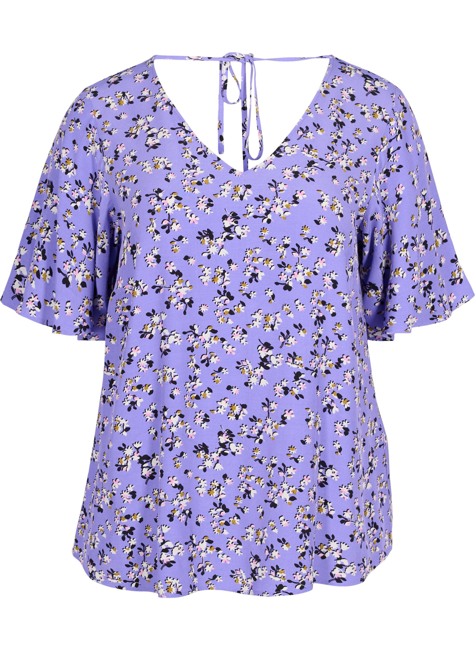 Zizzi Blommig viskosblus med sn&ouml;rdetalj, Lilac Flower Print, Packshot image number 0