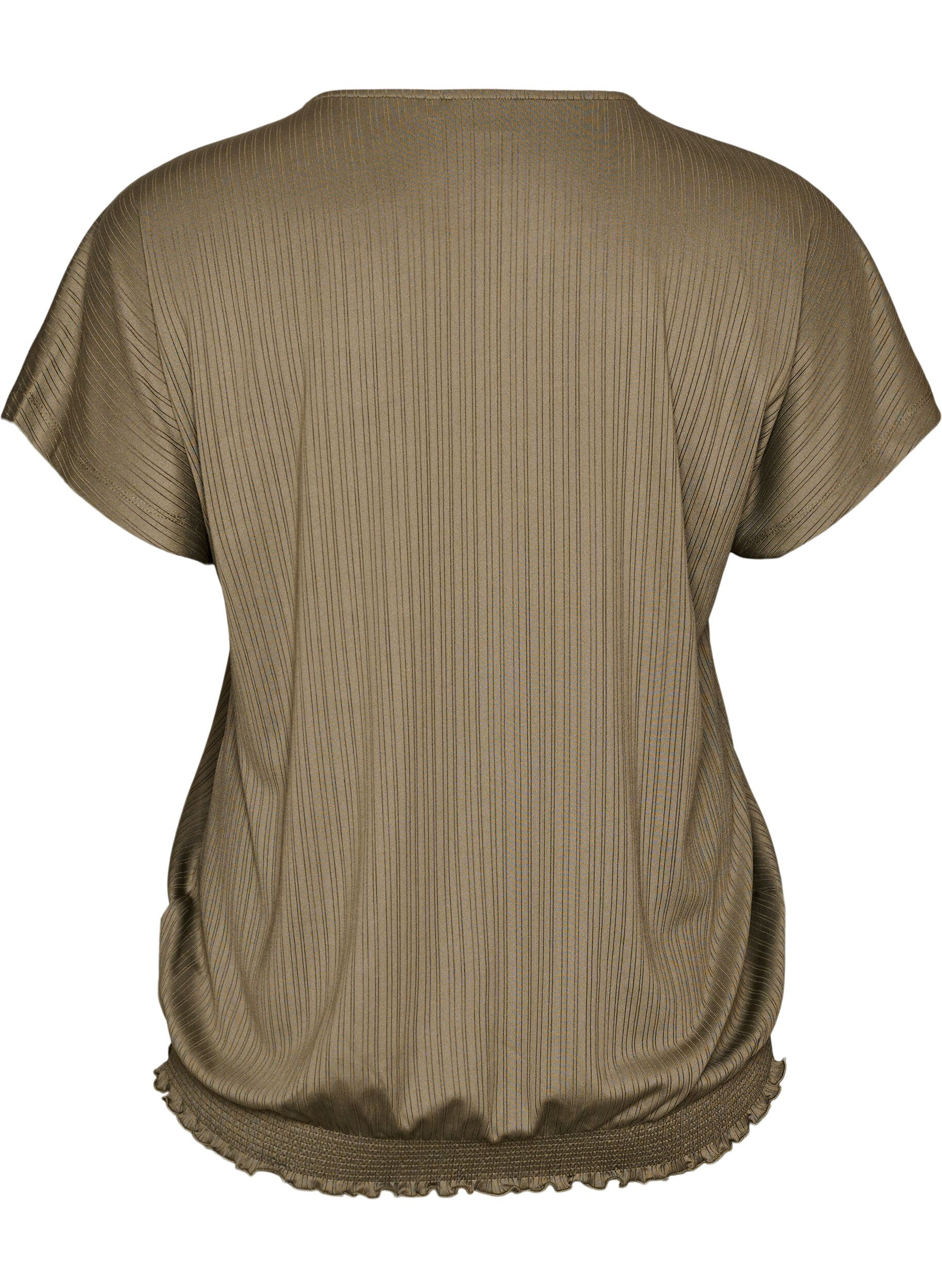 ZizziBlus i jersey med texturerade r&auml;nder och smock i nederkanten, Brun, Packshot image number 1