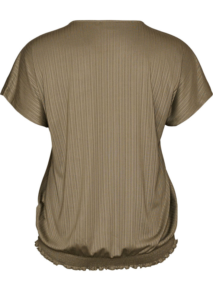 Blus i jersey med texturerade r&auml;nder och smock i nederkanten, Brun, Packshot image number 1