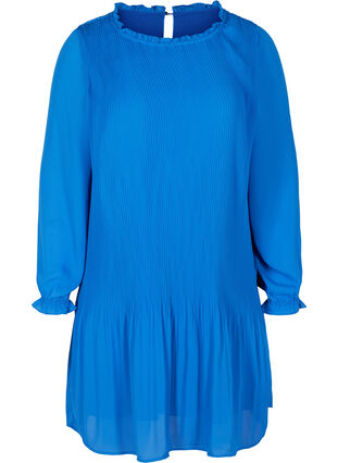 Långärmad plisserad klänning med volang, Dazzling Blue, Packshot image number 0