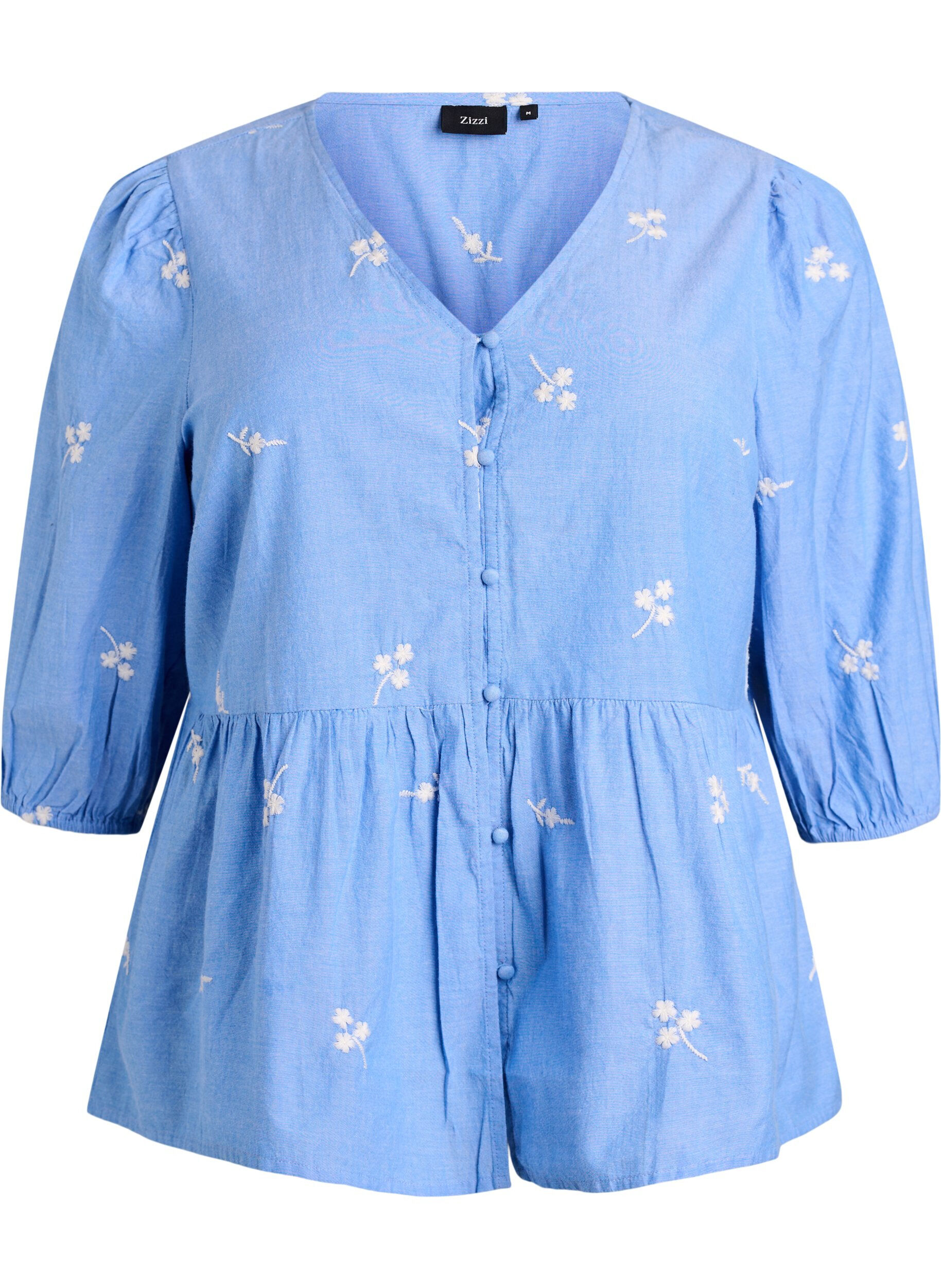 ZizziBlus i bomull med broderade blommor och knappkn&auml;ppning, Bl&aring;, Packshot image number 0