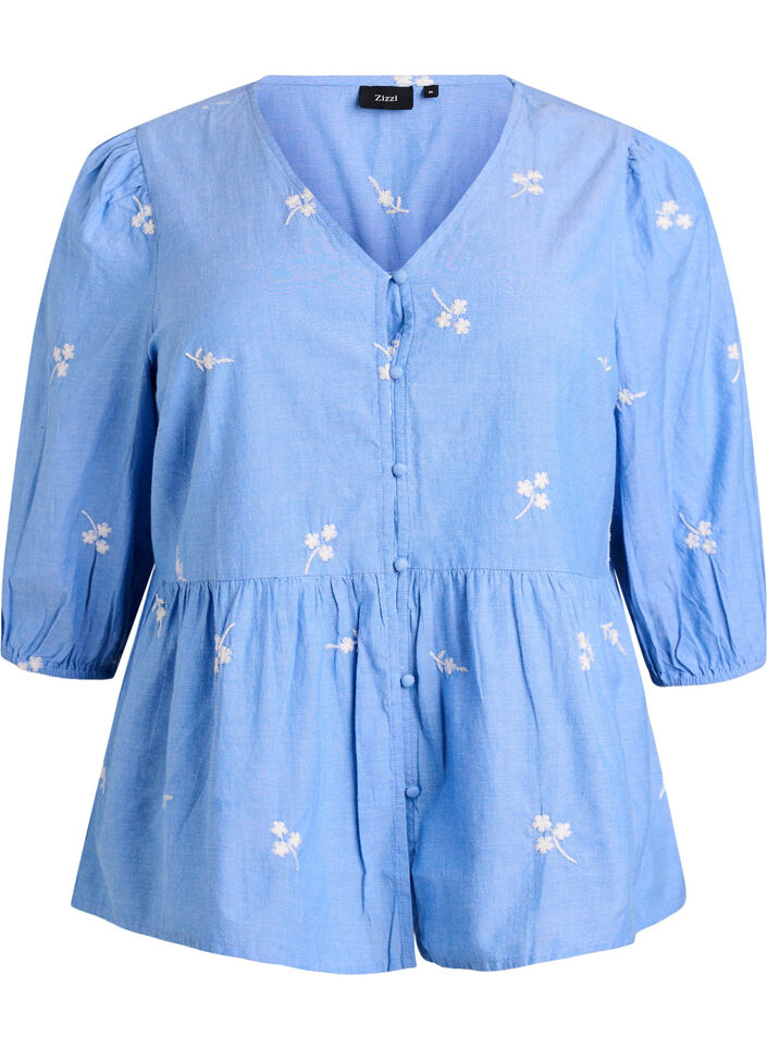 Blus i bomull med broderade blommor och knappkn&auml;ppning, Bl&aring;, Packshot image number 0