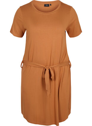 Kortärmad klänning med midjeband, Pecan Brown, Packshot image number 0