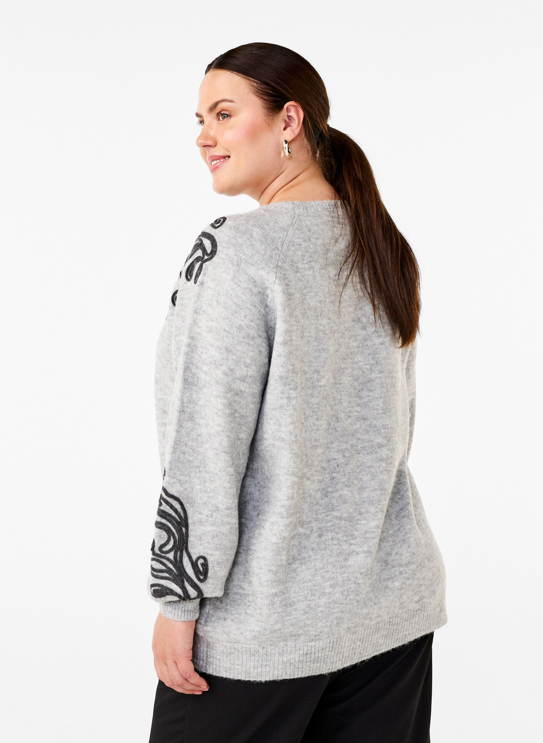 Zizzi Stickad blus med dekorativt m&ouml;nster, Light Grey Melange, Model image number 1