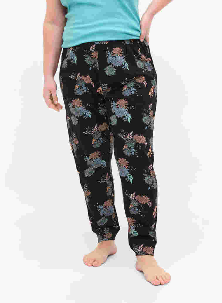 Pyjamasbyxor med blommigt mönster i bomull, Black Flower AOP, Model image number 1