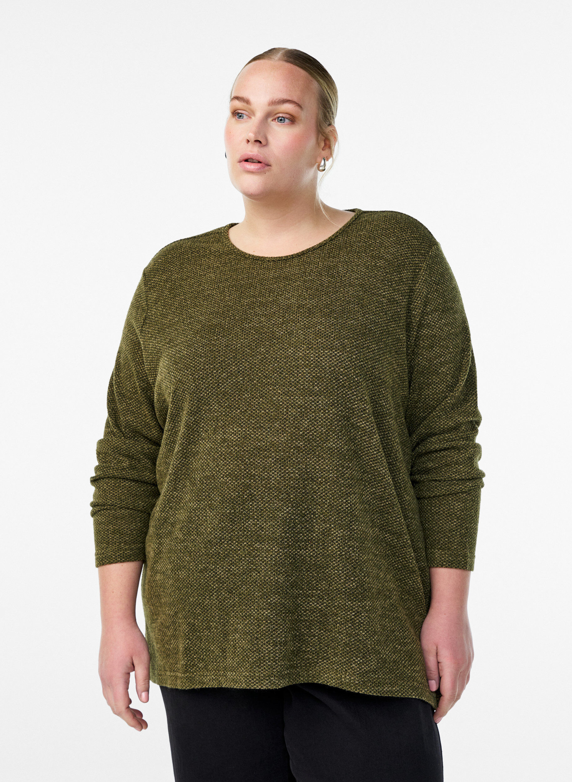 L&aring;ng&auml;rmad blus med textur, Gr&ouml;n, Model
