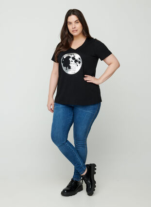 T-shirt i bomull med paljetter, Black, Model image number 2