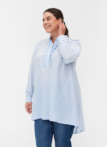 Randig bomullsskjorta med volanger, Blue Stripe, Model image number 0