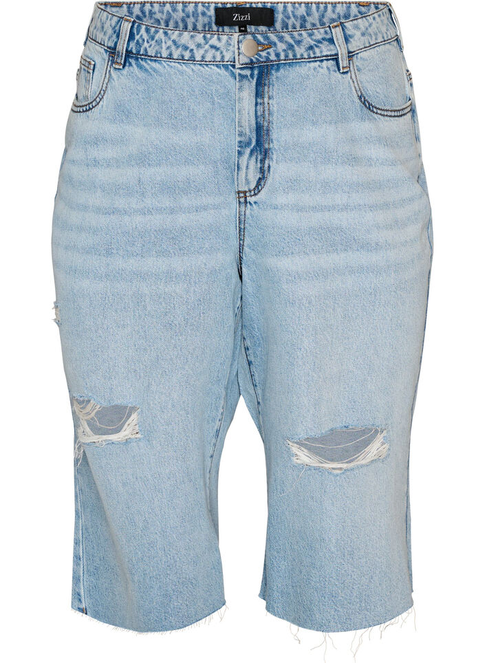 Croppade jeans med en sliten look och r&aring;a kanter, Bl&aring;, Packshot image number 0