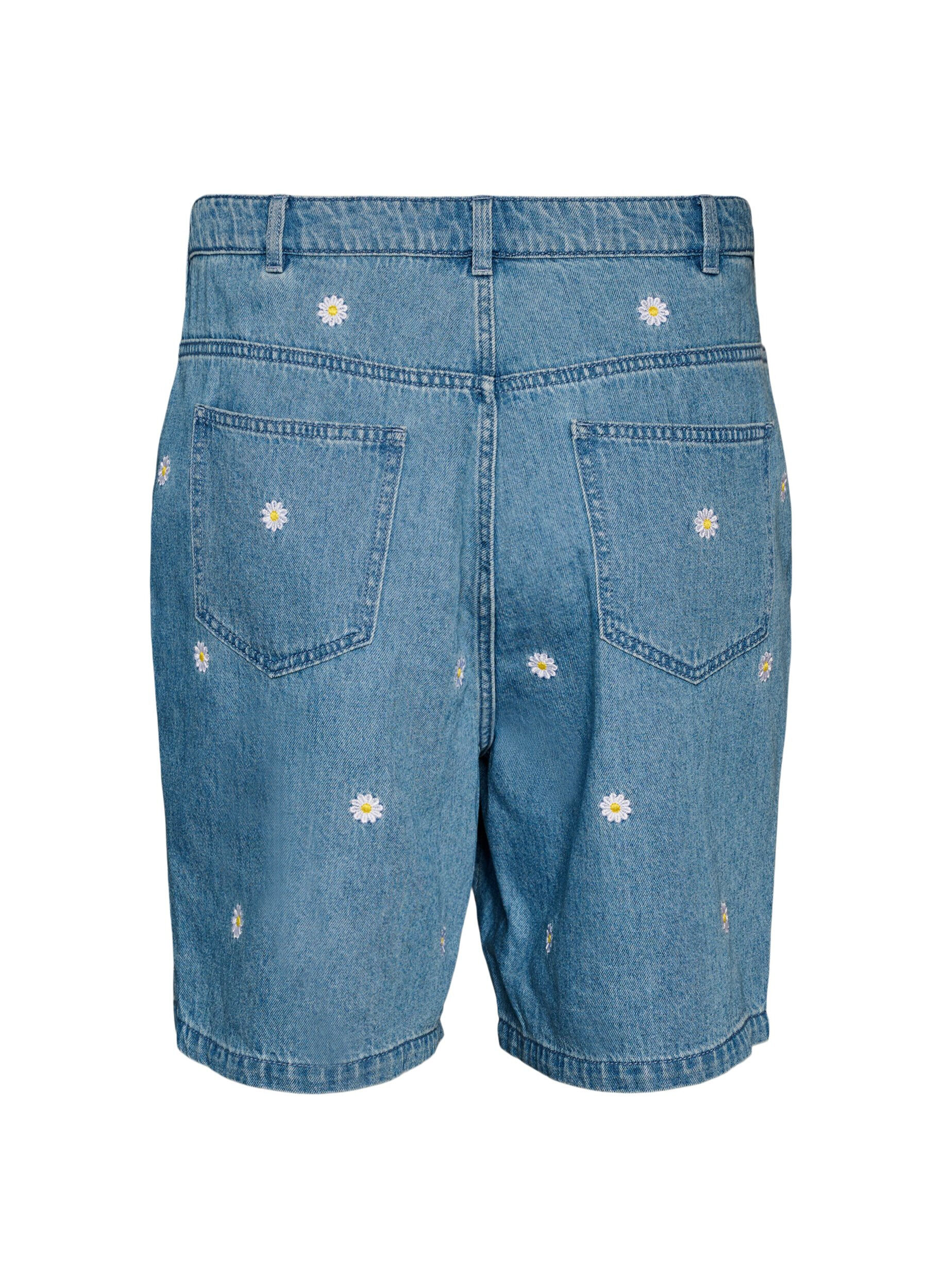 Zizzi Jeansshorts med h&ouml;g midja och blombroderi, Bl&aring;, Packshot image number 1