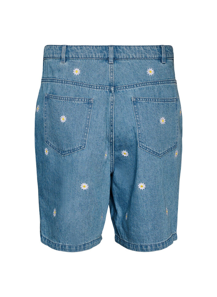 Jeansshorts med h&ouml;g midja och blombroderi, Bl&aring;, Packshot image number 1