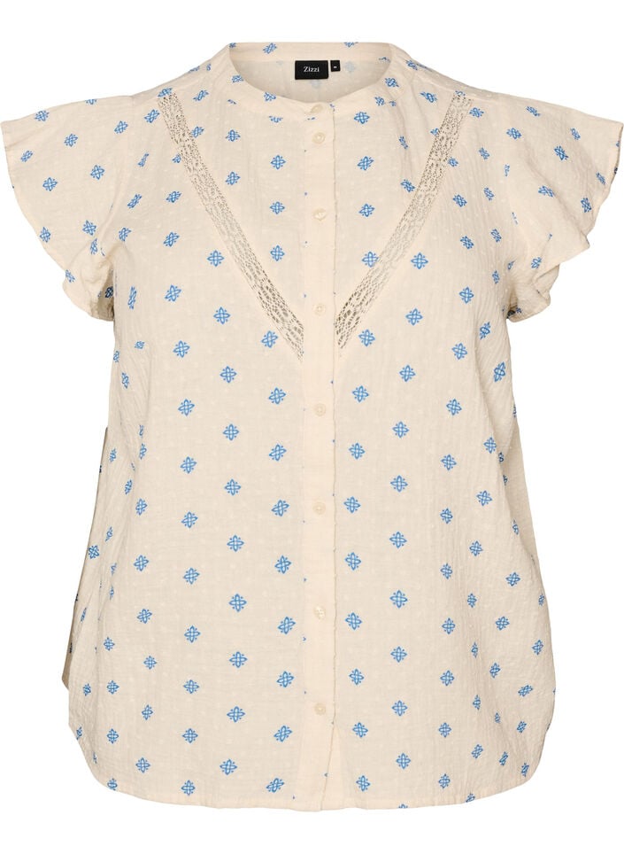 &Auml;rml&ouml;s blus med virkad kant och volangdetalj, Beige, Packshot image number 0