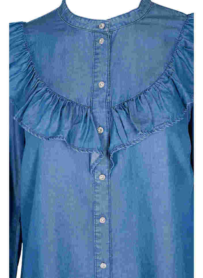 Långärmad skjorta med volanger i lyocell(TENCEL™), Blue denim, Packshot image number 2