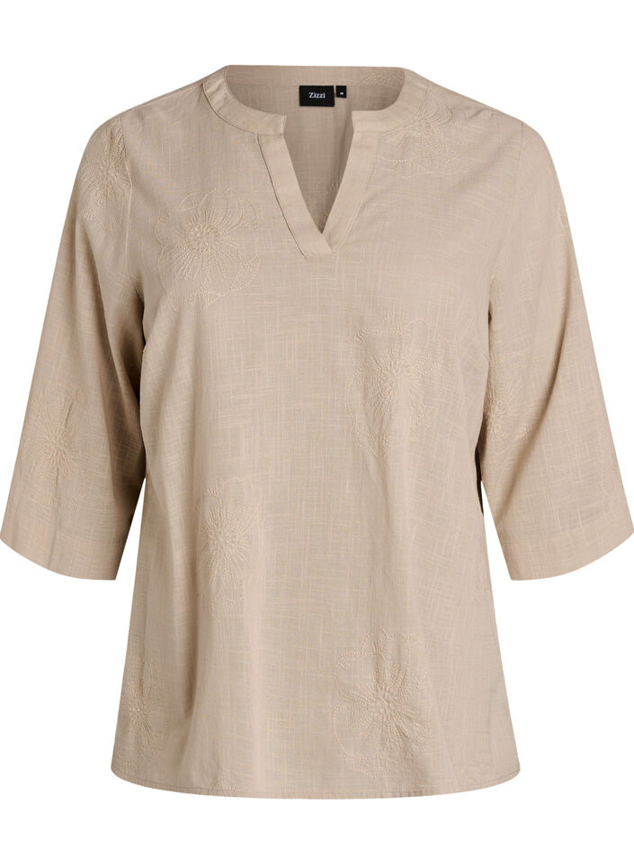 Blus i bomull med broderade detaljer och 3/4-&auml;rmar, Beige, Packshot image number 0