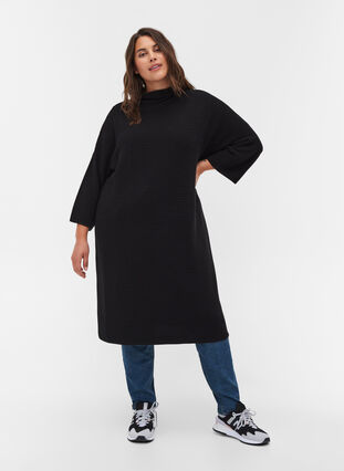 Stickad klänning med croppade ärmar, Black, Model image number 2