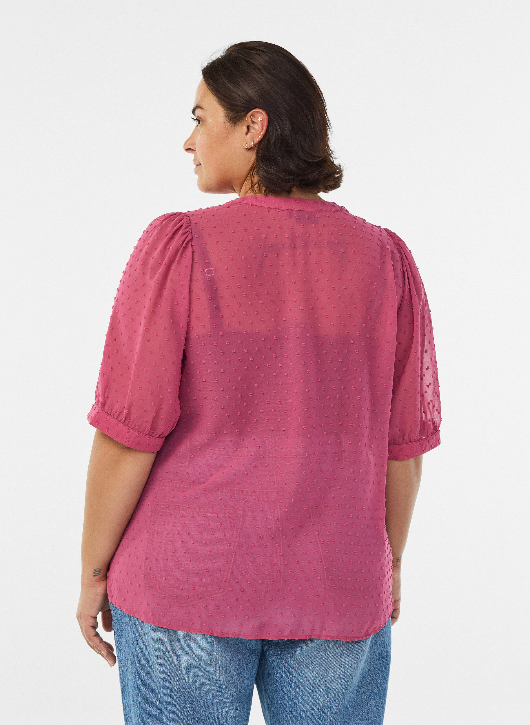 Zizzi Kort&auml;rmad blus med prickig struktur, Rosa, Model image number 2